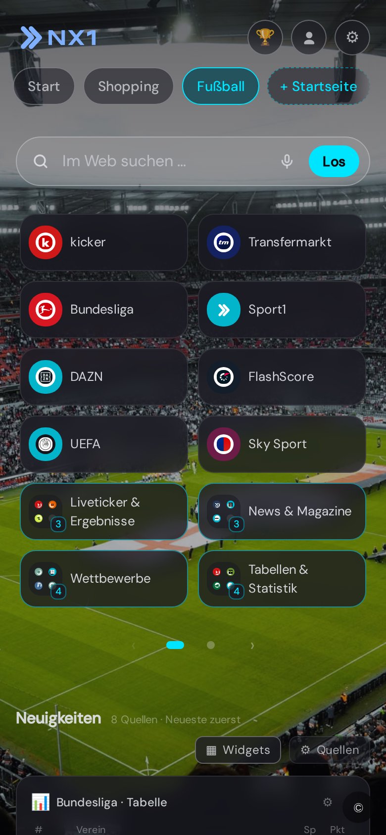 Football start page in NX1 (mobile screenshot)