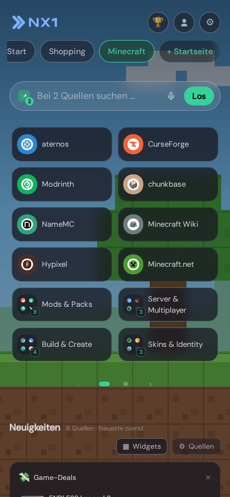 Minecraft start page in NX1 (mobile screenshot)