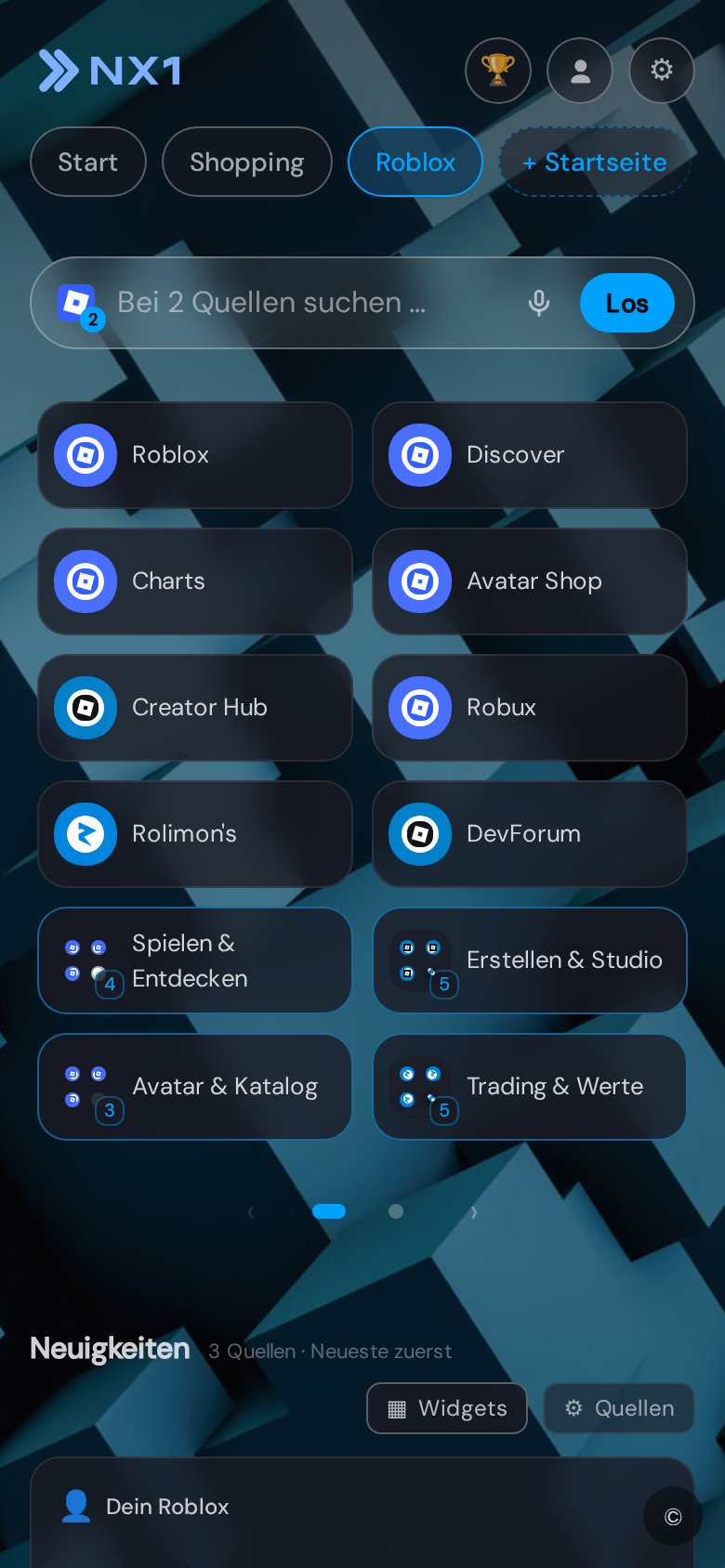 Roblox start page in NX1 (mobile screenshot)