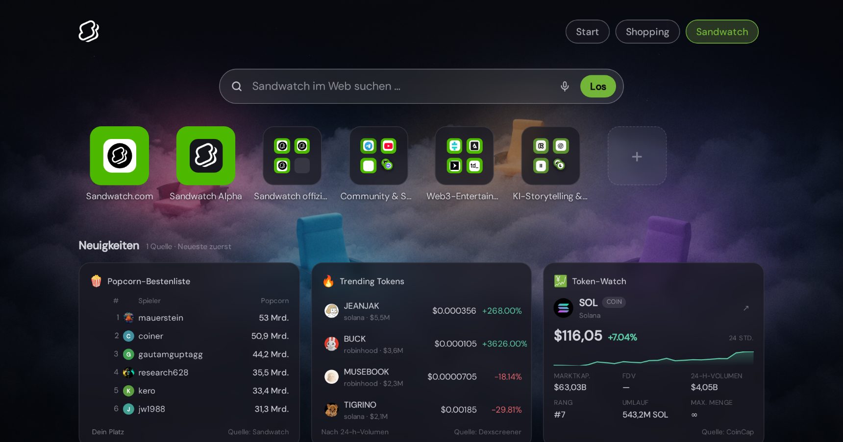 Sandwatch start page in NX1 (desktop screenshot)