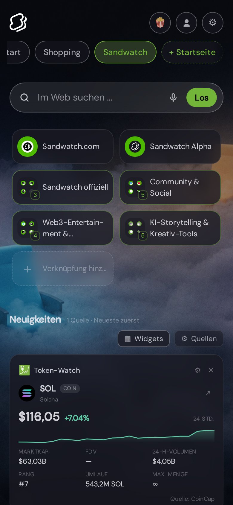 Sandwatch start page in NX1 (mobile screenshot)