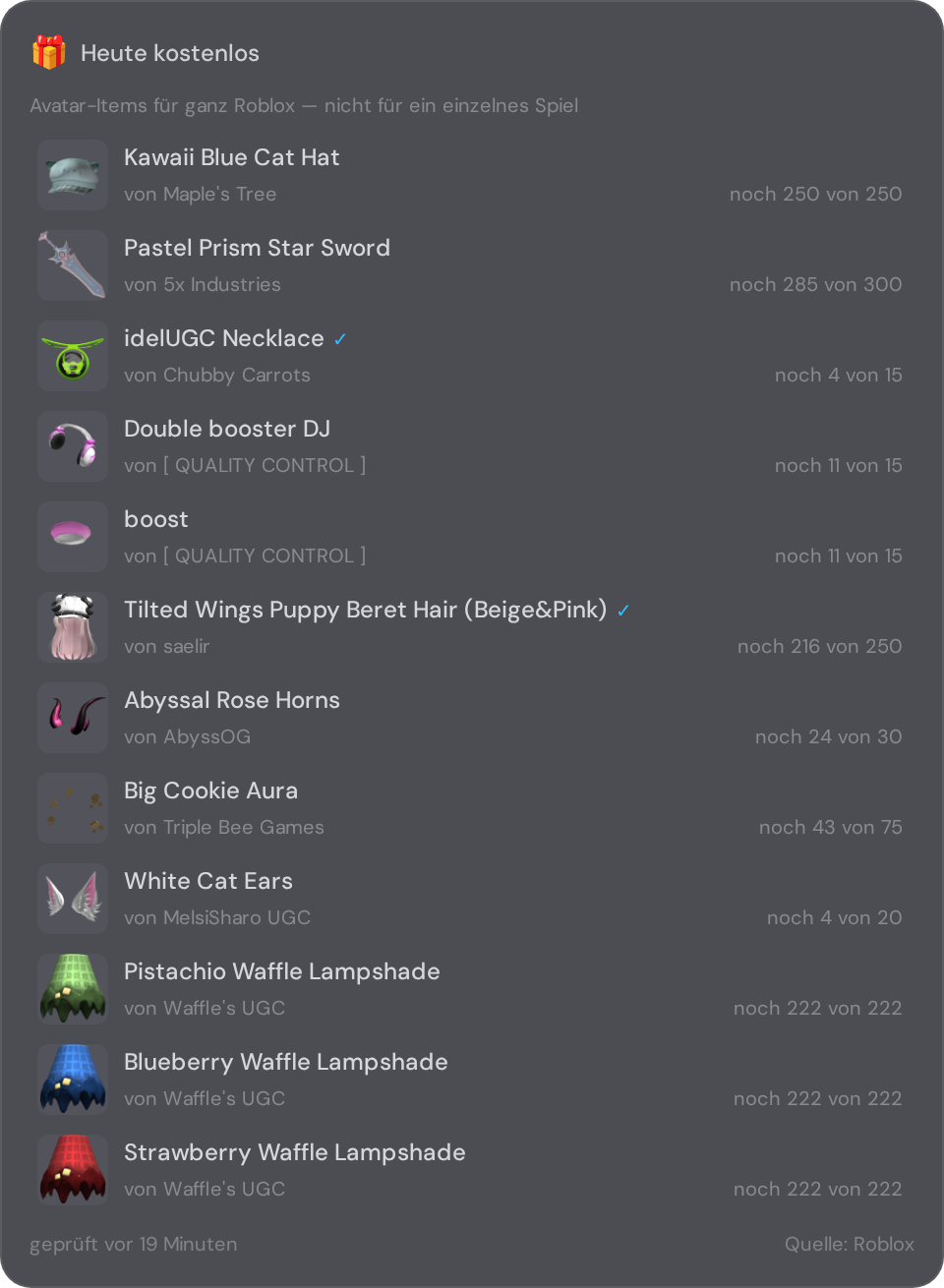 Free-items catalog widget of the Roblox start page in NX1