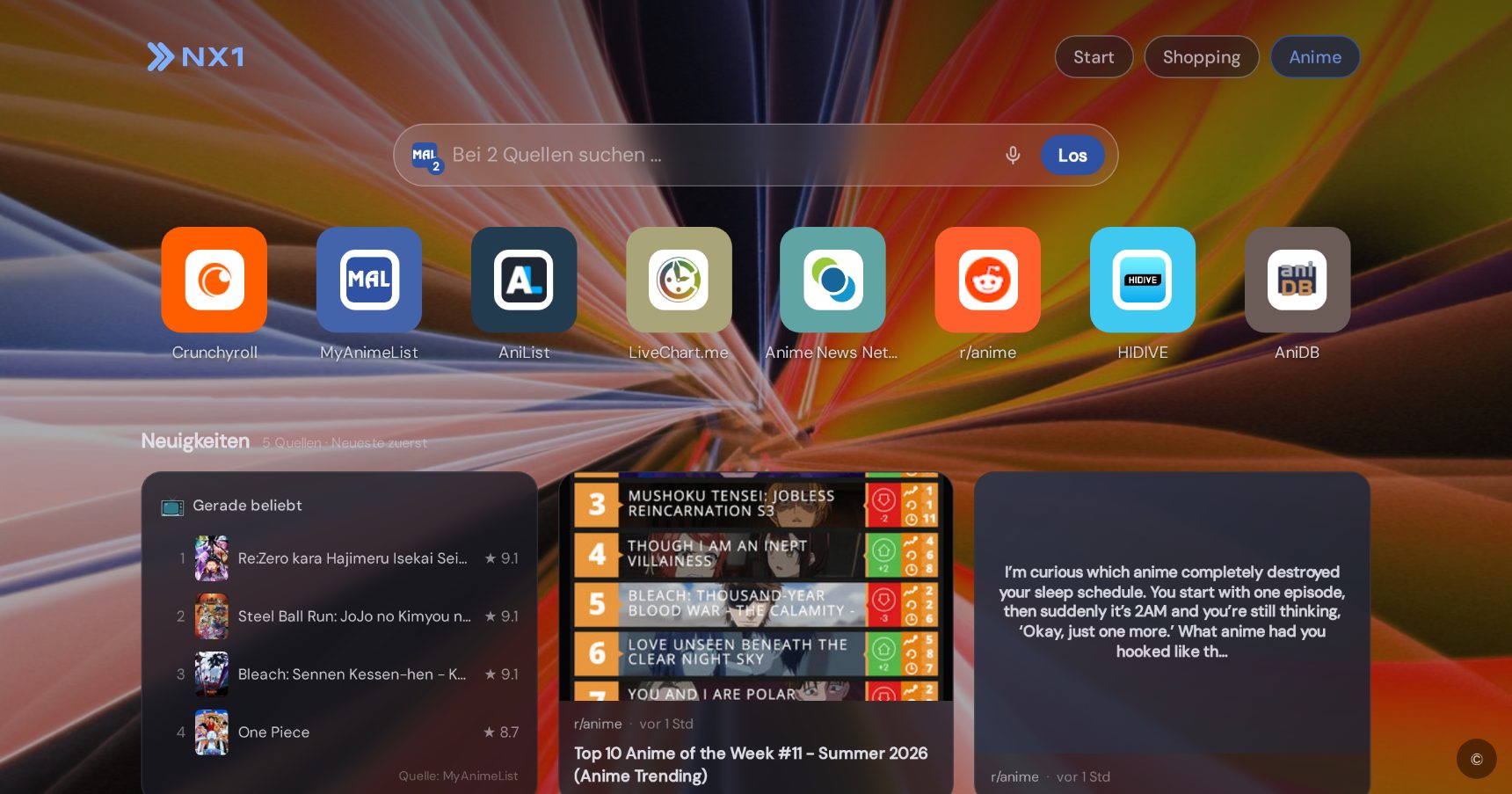 Anime start page in NX1 (desktop screenshot)