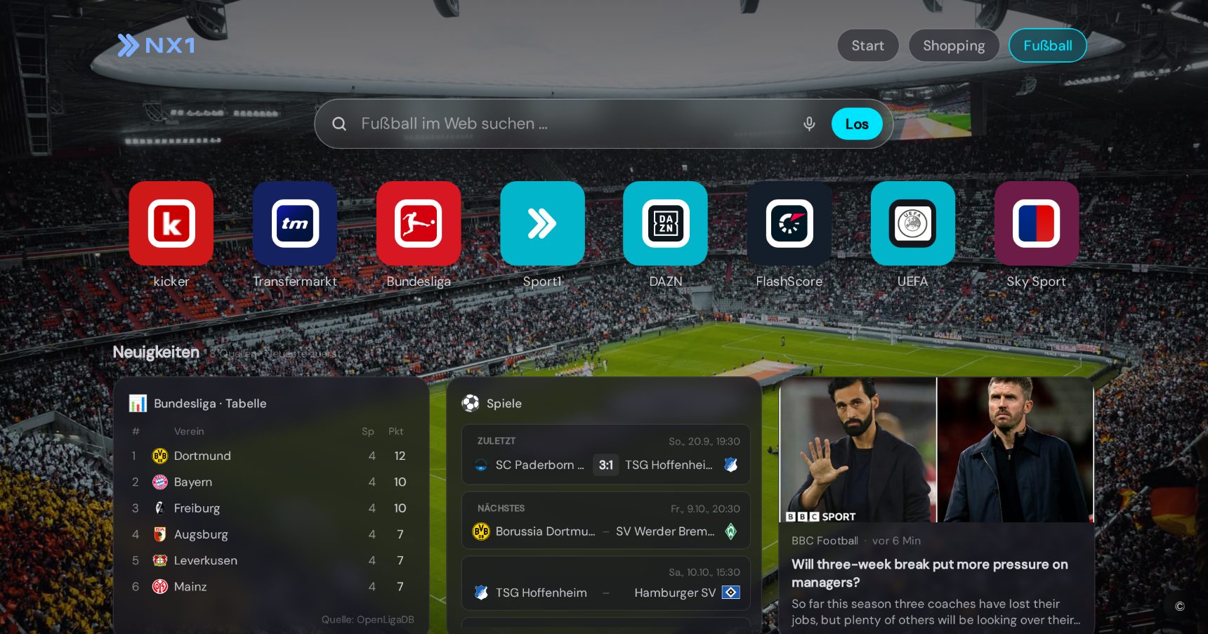 Football start page in NX1 (desktop screenshot)