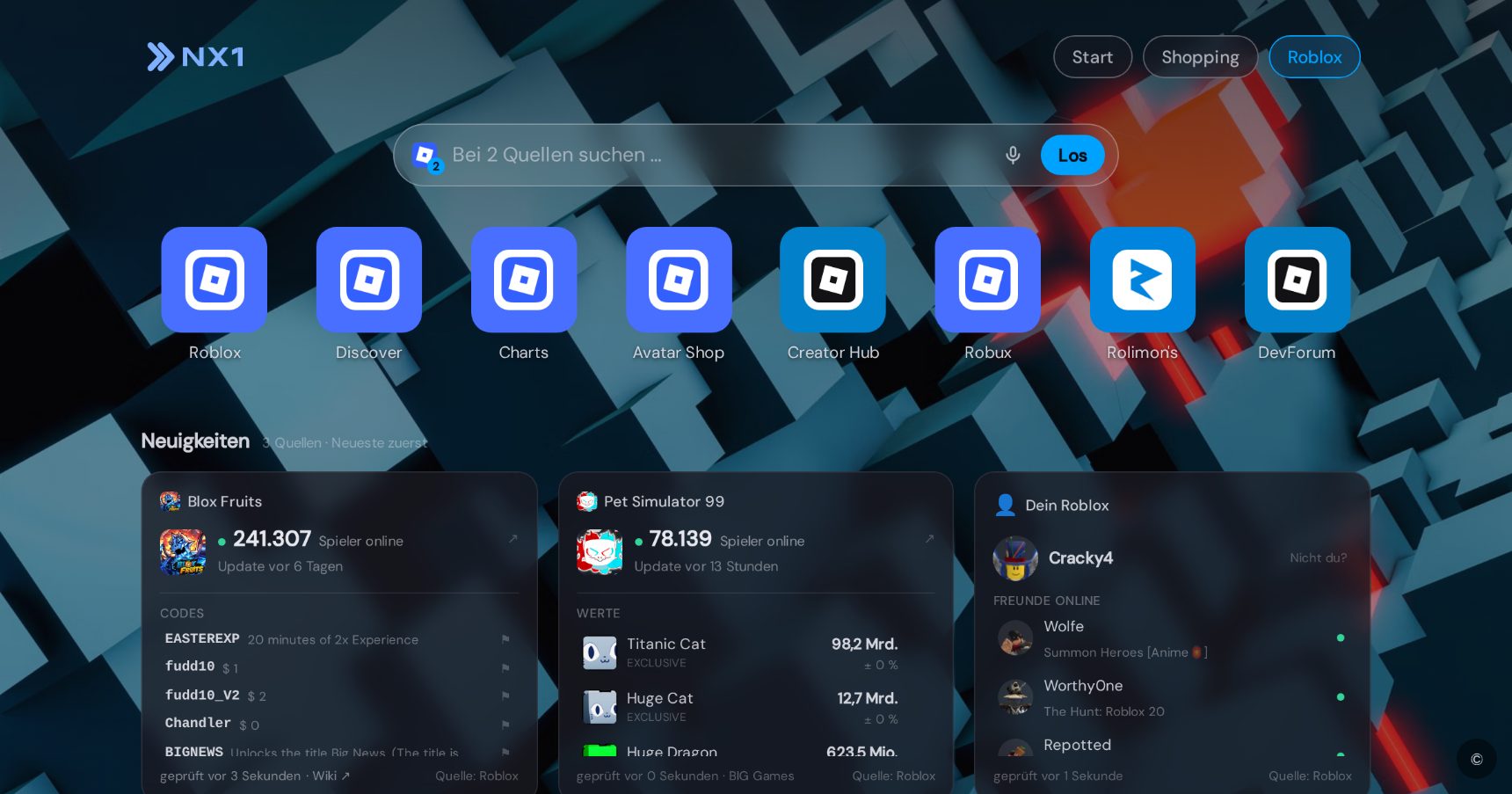 Roblox start page in NX1 (desktop screenshot)