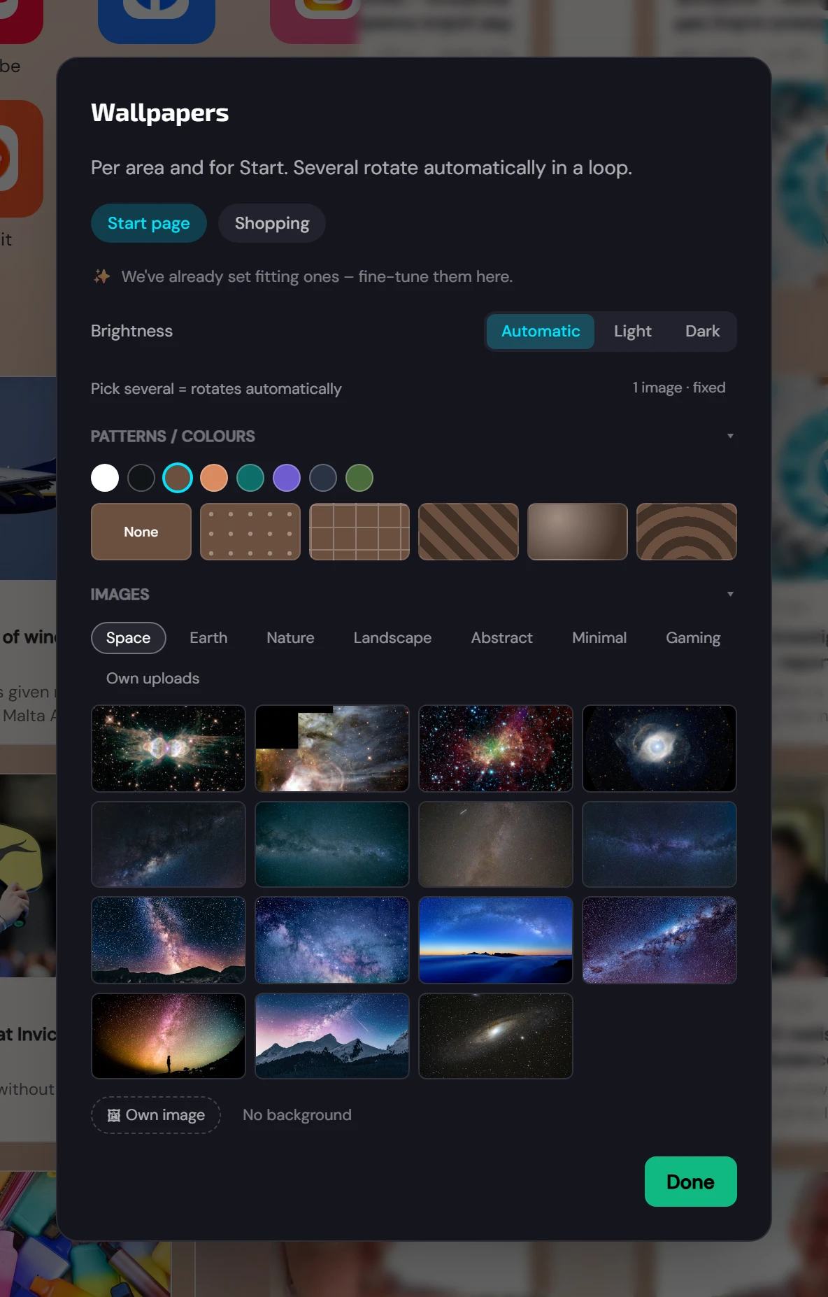 Background picker per start page with light/dark automatic mode (1/3)