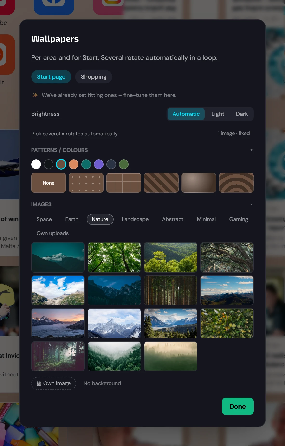 Background picker per start page with light/dark automatic mode (2/3)