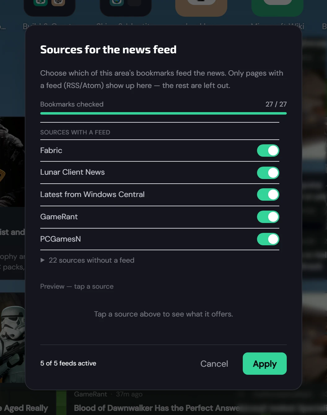 Source picker and magazine feed of a start page (1/1)