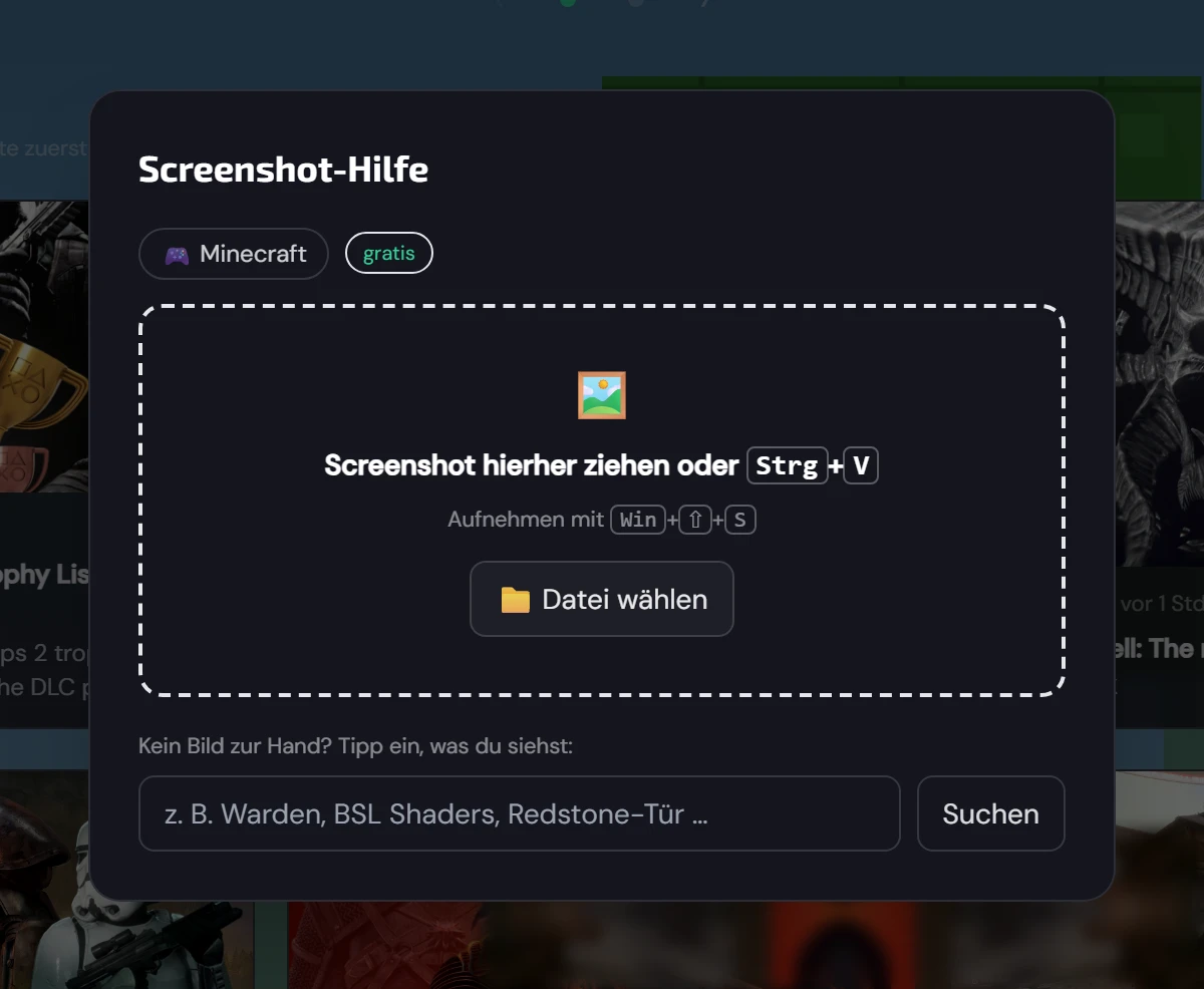 Screenshot-Hilfe auf der Minecraft-Startseite